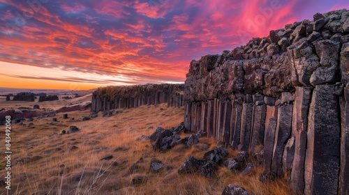 As the sun sets behind the basalt formations the sky is set ablaze with hues of pink orange and purple providing a stunning backdrop for the organ pipes.