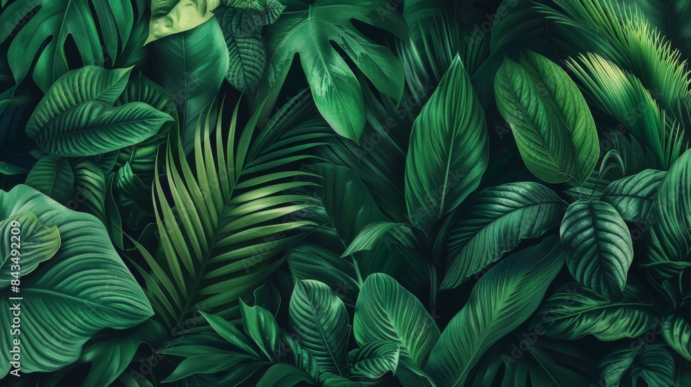 Lush green tropical leaves forming a dense botanical background with varying shades and textures. Lush green tropical leaves forming a dense botanical background with varying shades and textures.