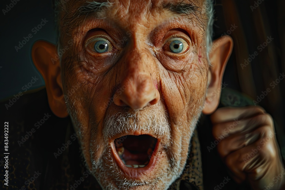 A close-up portrait of an elderly man with raised eyebrows and an open mouth, revealing a surprised expression. Generative AI A close-up portrait of an elderly man with raised eyebrows and an open mouth, revealing a surprised expression. Generative AI