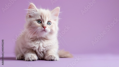 A cute Persian kitten on a solid light purple background with space above for text