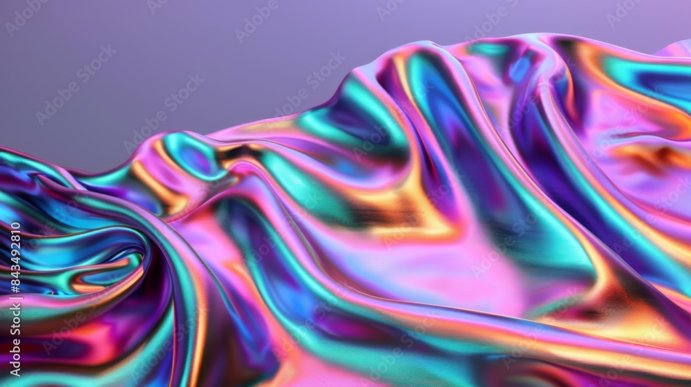 Fototapeta premium A vibrant holographic iridescent satin foil with undulating folds creating an abstract texture.