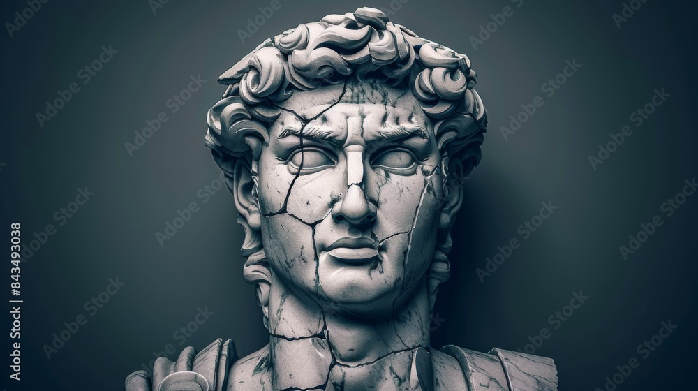 Digitally upscaled image of a broken ancient Greek statue head with visible cracks, against a plain background. Digitally upscaled image of a broken ancient Greek statue head with visible cracks, against a plain background.