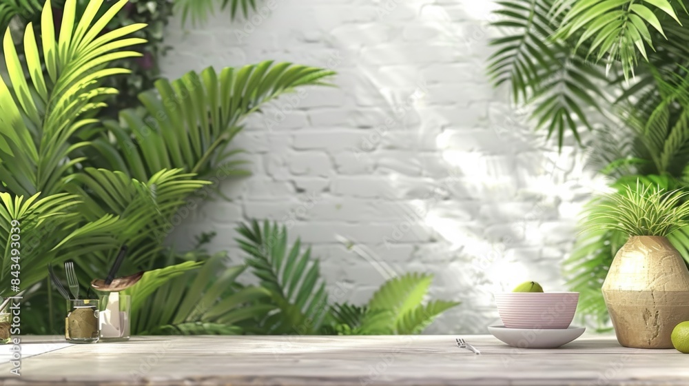 Modern conference room with a white empty wall and plants on a wooden table under natural lighting. Modern conference room with a white empty wall and plants on a wooden table under natural lighting.