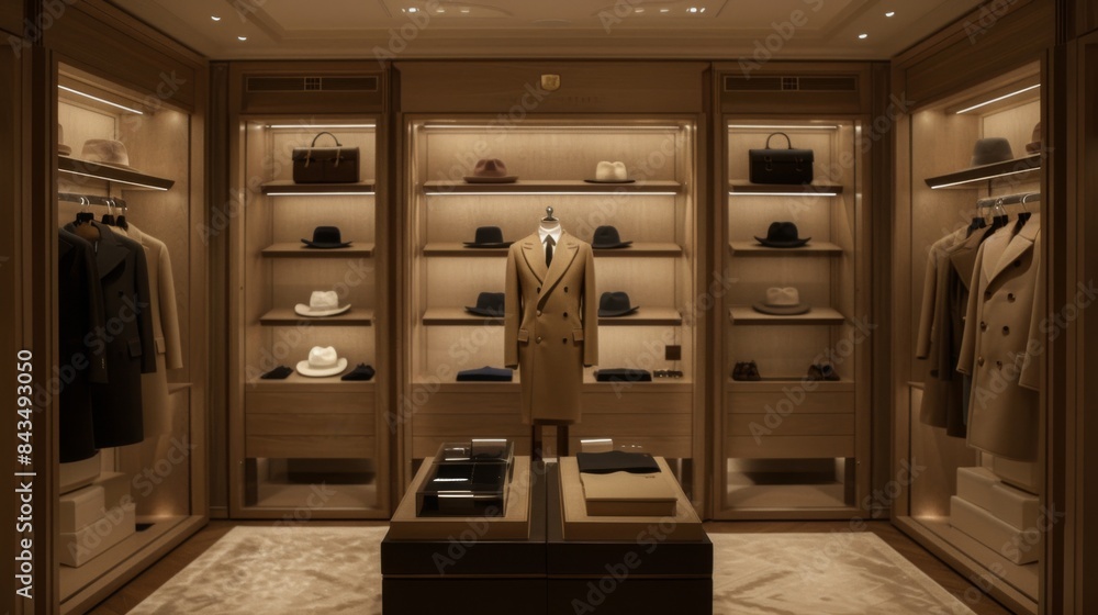 A sophisticated luxury boutique interior with neatly arranged clothing and accessories on display. A sophisticated luxury boutique interior with neatly arranged clothing and accessories on display.