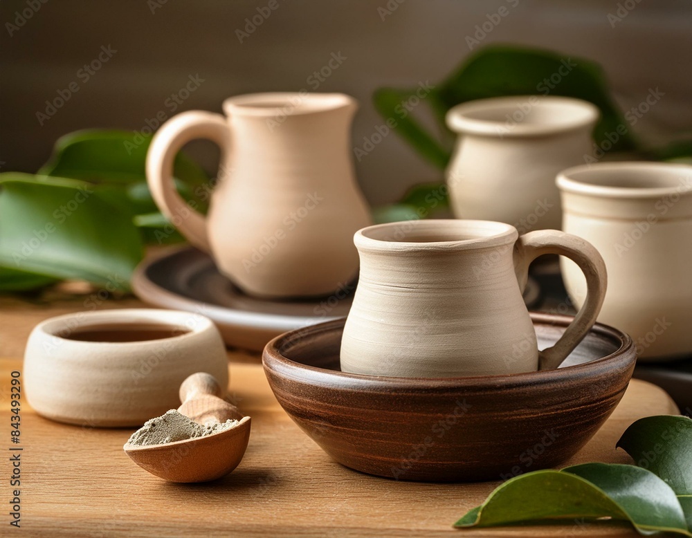 clay cups and pots on table