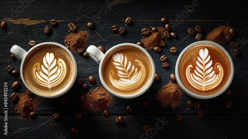 4 coffee cups with latte art.