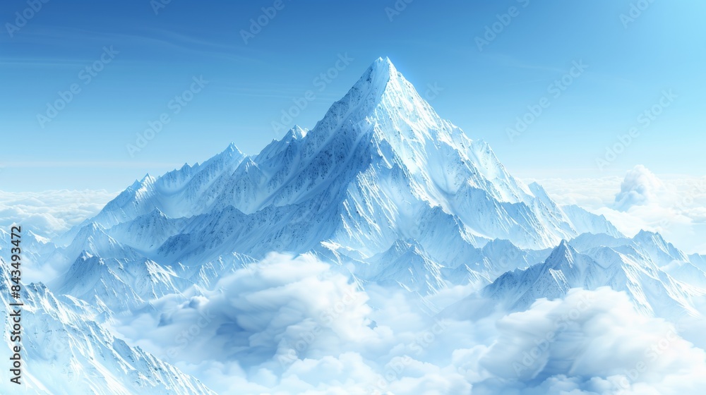 Fototapeta premium Wide-angle view of majestic snow-capped mountains towering above the clouds under a clear blue sky.
