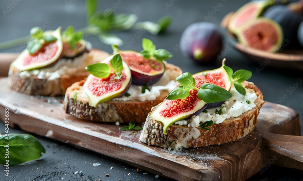 toasts with goat cheese foam and pink inside green peel figs, Generative AI toasts with goat cheese foam and pink inside green peel figs, Generative AI
