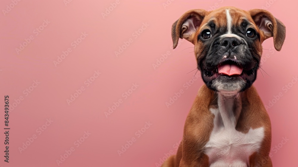 A playful Boxer puppy sitting on a solid light pink background with space above for text A playful Boxer puppy sitting on a solid light pink background with space above for text