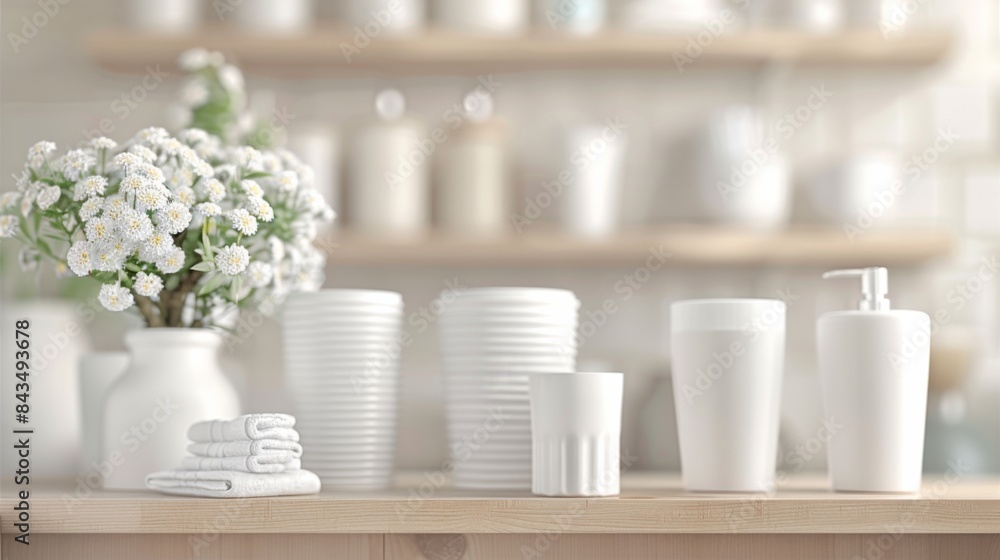 A serene white bathroom interior with a tidy wooden table, white stacked towels, ceramic dispensers, and a vase with white flowers. A serene white bathroom interior with a tidy wooden table, white stacked towels, ceramic dispensers, and a vase with white flowers.