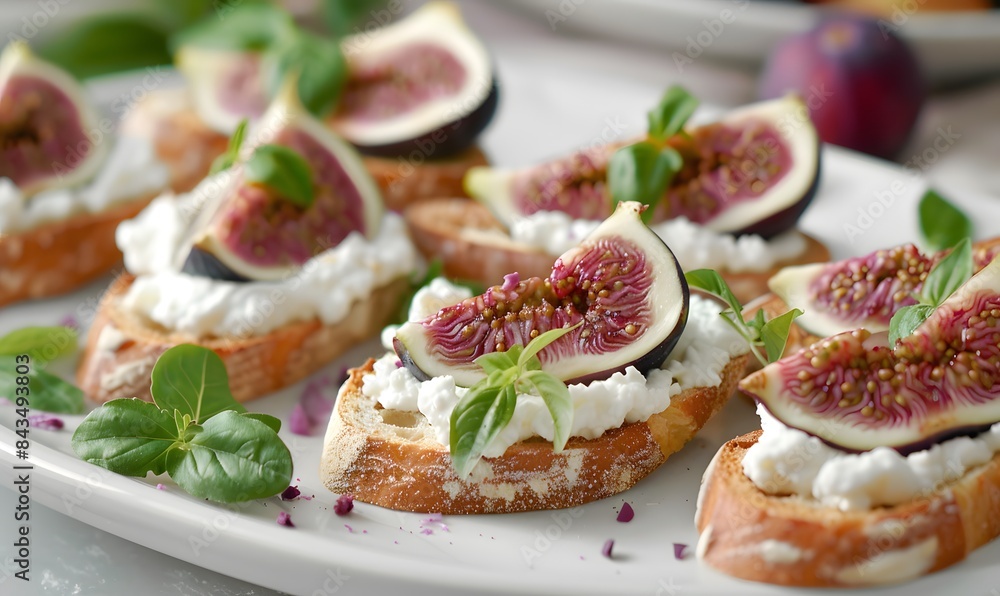 toasts with goat cheese foam and pink inside green peel figs, Generative AI toasts with goat cheese foam and pink inside green peel figs, Generative AI