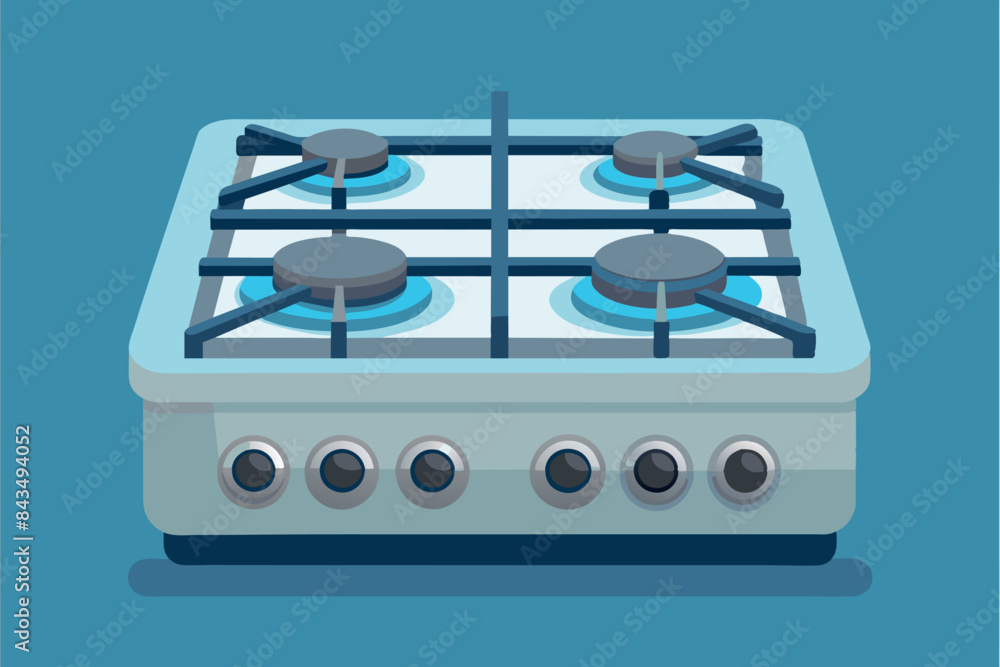 gas stove with four burners. They are marked with a blue flame, indicating their active state. The control knobs are visible in the foreground gas stove with four burners. They are marked with a blue flame, indicating their active state. The control knobs are visible in the foreground