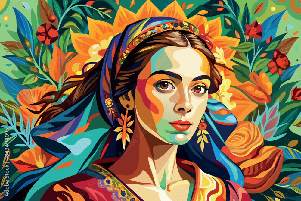 Girl artwork, There are also floral elements around her. Girl artwork, There are also floral elements around her.