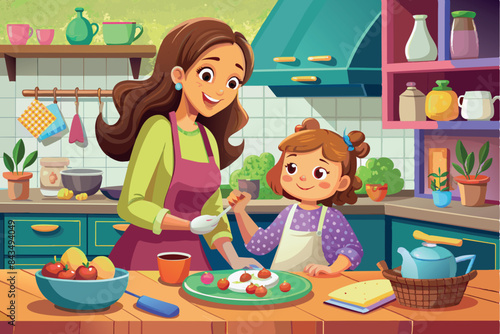 A family in the kitchen: mother, dressed in an apron, and daughter, busy with cooking. In the background are kitchen shelves with various dishes and cups,