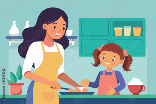A family in the kitchen: mother, dressed in an apron, and daughter, busy with cooking. In the background are kitchen shelves with various dishes and cups,