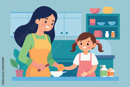 A family in the kitchen: mother, dressed in an apron, and daughter, busy with cooking. In the background are kitchen shelves with various dishes and cups,