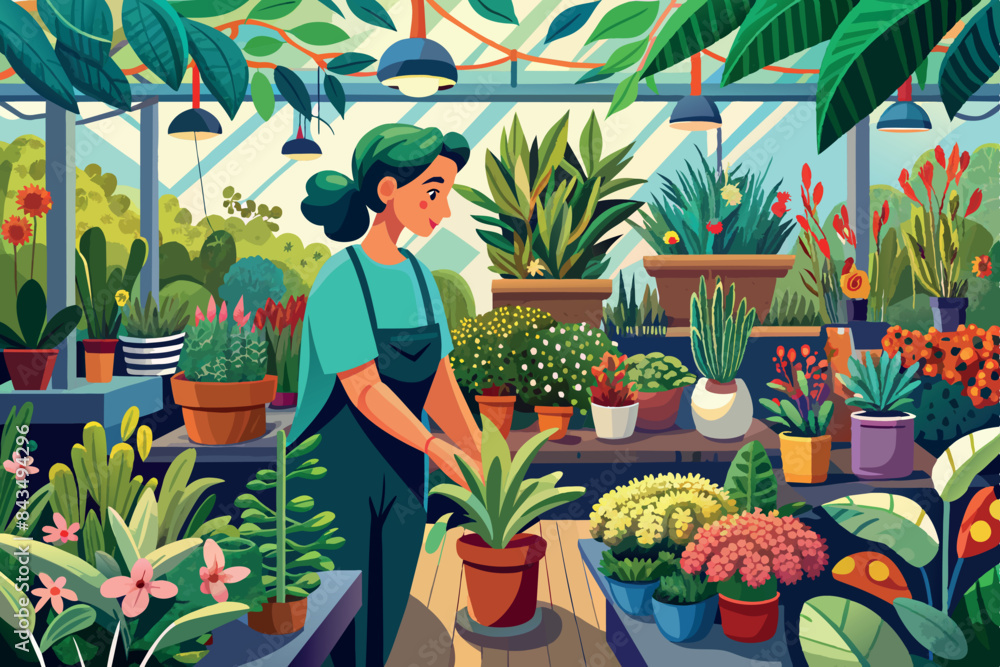 An indoor garden or greenhouse filled with a variety of plants. In the center you can see a gardener in an apron taking care of a flower pot. theme related to gardening, botany or interior design. An indoor garden or greenhouse filled with a variety of plants. In the center you can see a gardener in an apron taking care of a flower pot. theme related to gardening, botany or interior design.