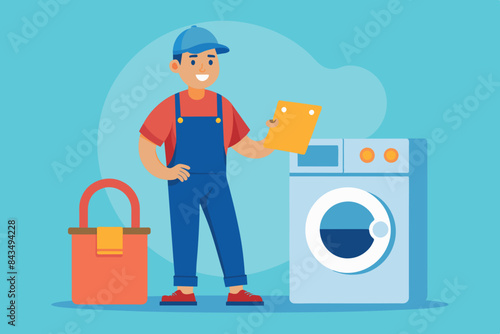repairman of washing machines and other household appliances in the background of the workshop