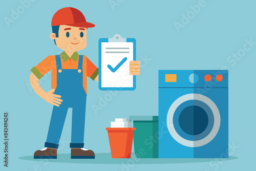 repairman of washing machines and other household appliances in the background of the workshop