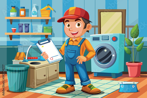 repairman of washing machines and other household appliances in the background of the workshop