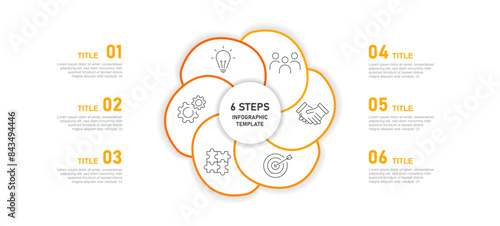 Business infographics. Infographics with 6 steps or options. A pie chart can be used for a presentation or website, booklets, banners