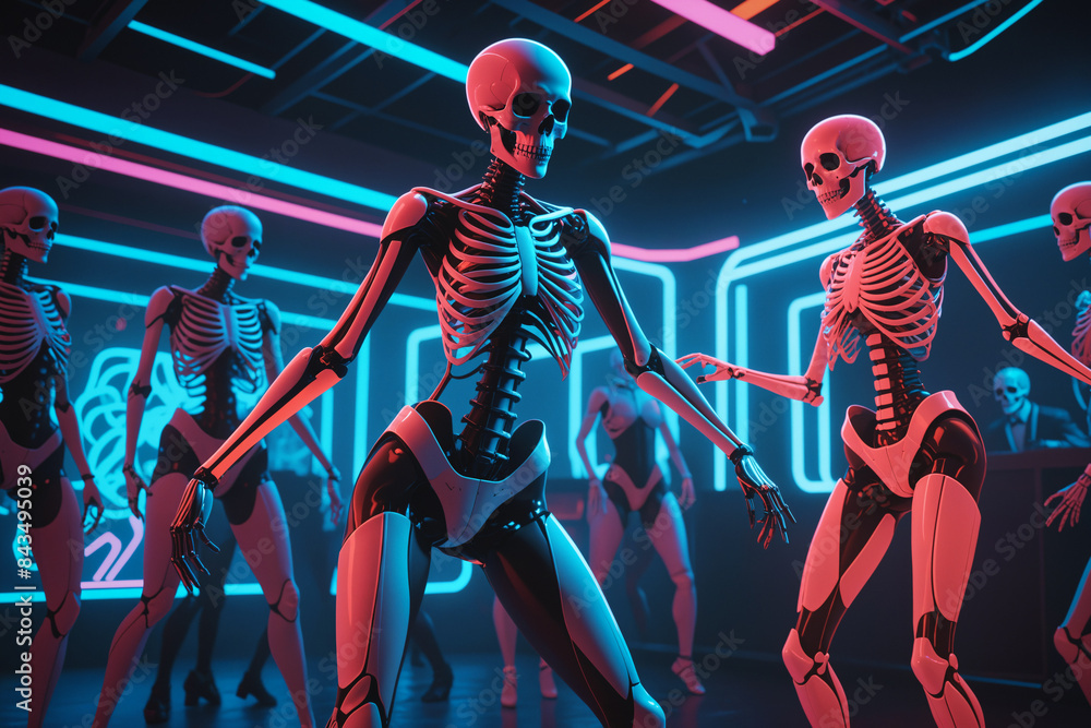 Skeleton dance party night with neon lights