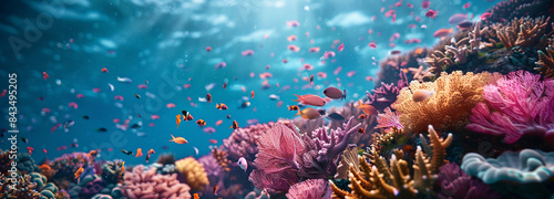 Colorful underwater scene, diverse coral reef teeming with vibrant fish. Beauty tranquility of oceans world. Background panorama
