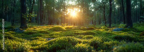 Panoramic natural view of dense green forest at sunset, golden rays of sunlight illuminating mossy ground photo