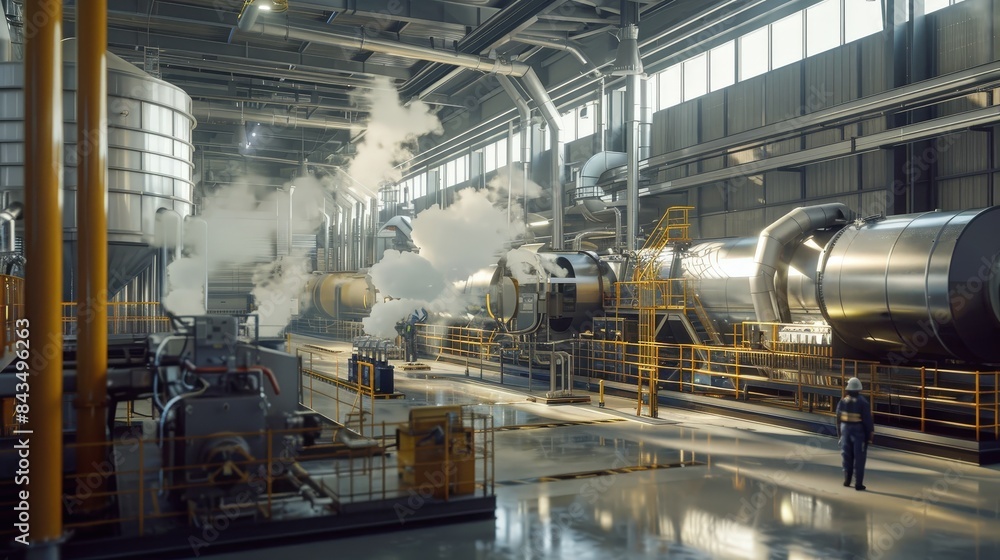 Modern Biofuel Processing Facility in Action: Industrial Realism Scene with Workers, Machinery, and Steam in High Detail