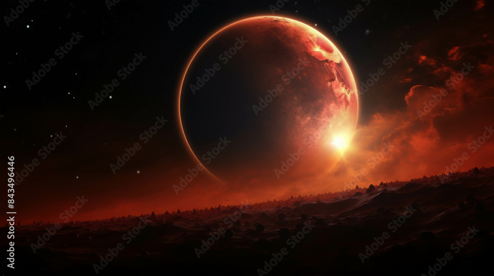Dramatic Red Planet Illuminated by a Fiery Sunrise in a Distant Galaxy Dramatic Red Planet Illuminated by a Fiery Sunrise in a Distant Galaxy
