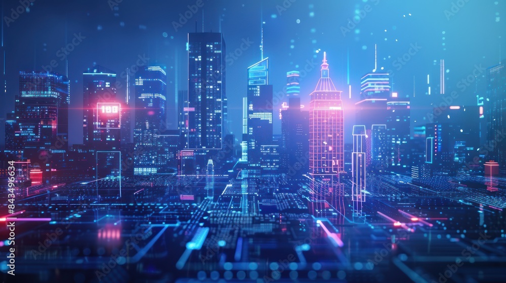 Cityscape on dark blue background with bright glowing neon. Technology city background Cityscape on dark blue background with bright glowing neon. Technology city background