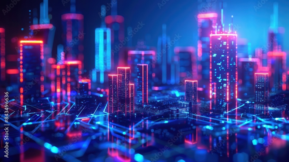 Cityscape on dark blue background with bright glowing neon. Technology city background Cityscape on dark blue background with bright glowing neon. Technology city background