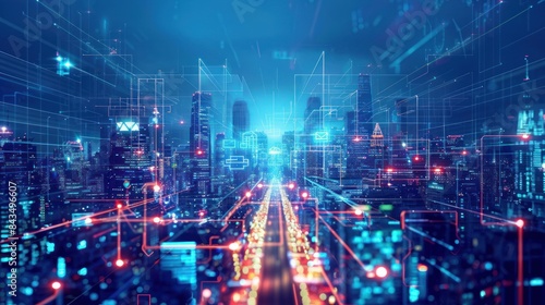 Cityscape on dark blue background with bright glowing neon. Technology city background