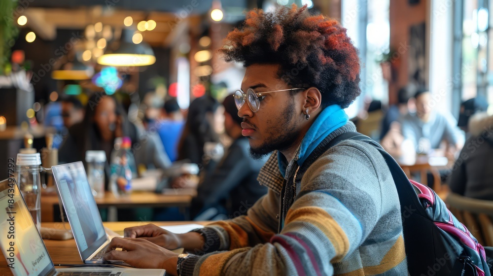 Black man uses laptop to work in coffee shop Black man uses laptop to work in coffee shop
