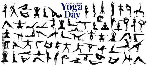Silhouettes of various yoga poses set, International Yoga Day Poster with Silhouettes, People Practicing Yoga for Yoga Day for health and wellness concept, June 21st yoga day celebration set