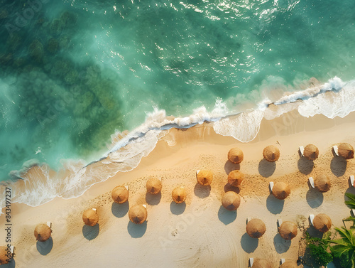 beach scene, with the sandy shore meeting the clear blue ocean, and palm trees scattered across the landscape.