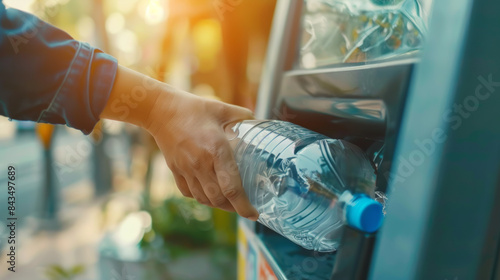 Person recycling a plastic bottle, promoting environmental awareness through everyday actions.