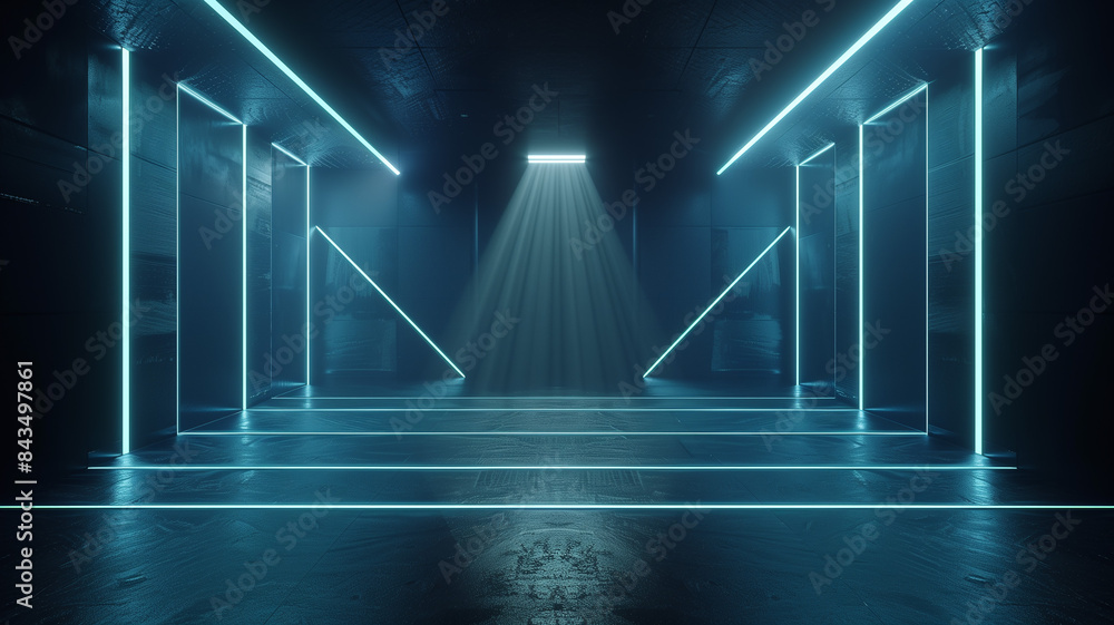 A minimalist 3D environment with neon light beams forming a geometric pattern on the floor and walls, set against a dark background with a central spotlight, suitable for a high-tech, sci-fi presentat A minimalist 3D environment with neon light beams forming a geometric pattern on the floor and walls, set against a dark background with a central spotlight, suitable for a high-tech, sci-fi presentat