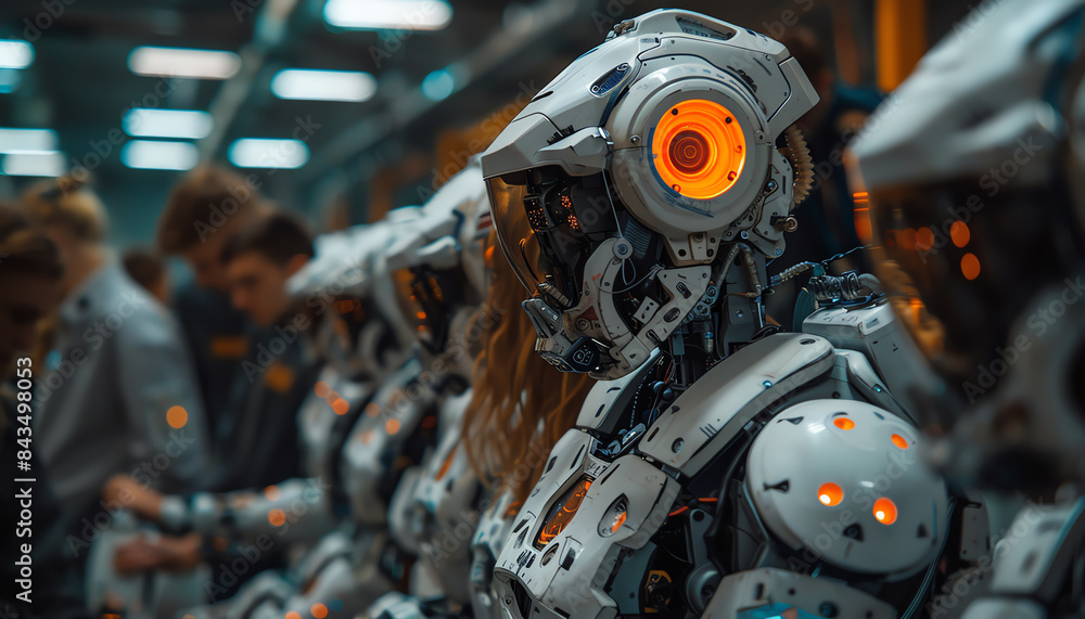 Fototapeta premium A group of advanced humanoid robots stand in a factory, awaiting their final programming.