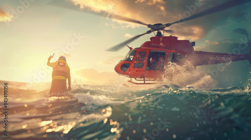 A rescue helicopter hovers over choppy ocean waves during a daring sea rescue mission, with a lifeguard in a wetsuit signaling to the helicopter.