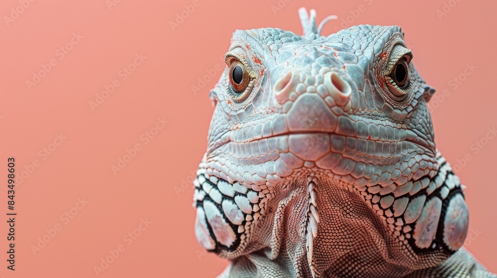 Fototapeta premium A curious iguana peeking out from a solid light pink background with space above for text