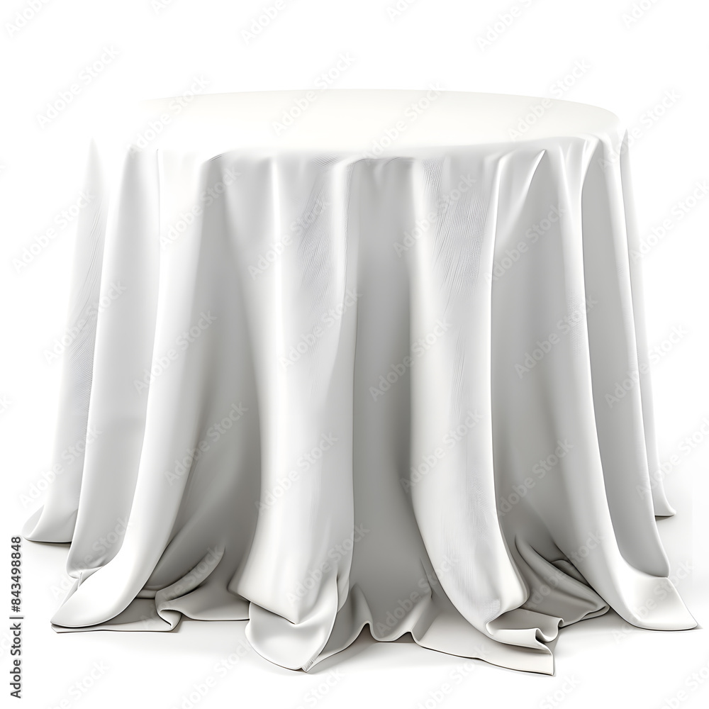 Round Table with white tablecloth isolated on white background Round Table with white tablecloth isolated on white background
