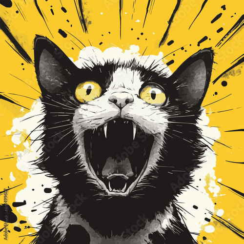 A black and white cat with yellow eyes yelling with a comic book style background