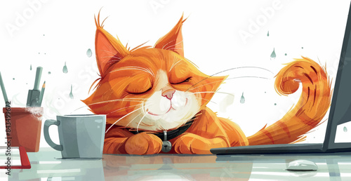 A cartoon orange tabby cat naps on a office desk with a mug of steaming coffee nearby, relax freelance business work on Monday 