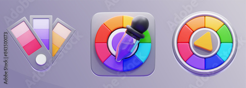color palette, color picker and color wheel in 3d icon illustration. 3d rendering