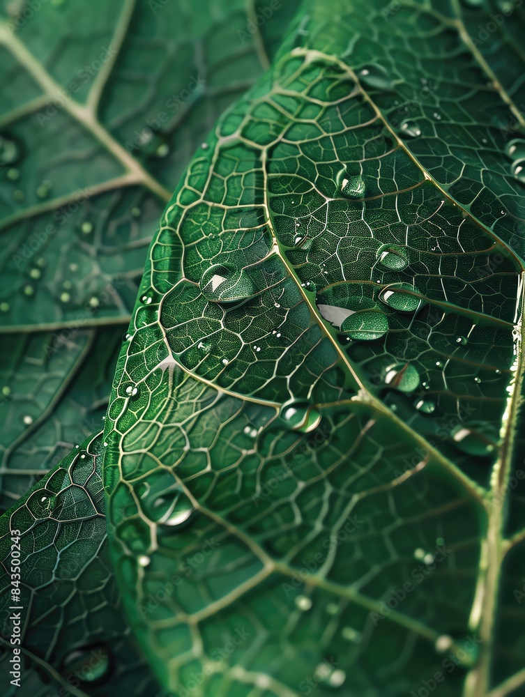 Obraz premium Macro shot of a lush green leaf with embedded nanotech sensors