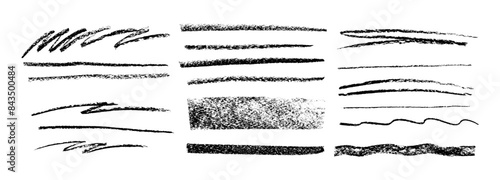 Underline brush strokes. Handdrawn pastel scribbles. Vector chalk pencil lines, sketchy strikethrough marks, dusty squiggles, swirls. Black color horizontal divider bar flourishes, zigzags and stripes
