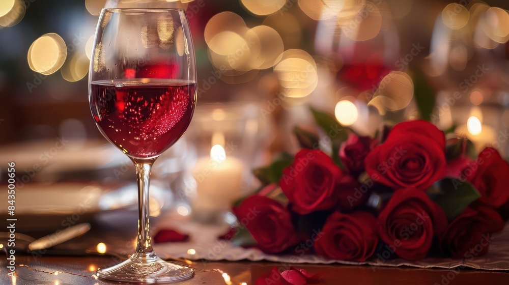 An elegant dinner setting featuring a crystal wine glass filled with rich red wine An elegant dinner setting featuring a crystal wine glass filled with rich red wine