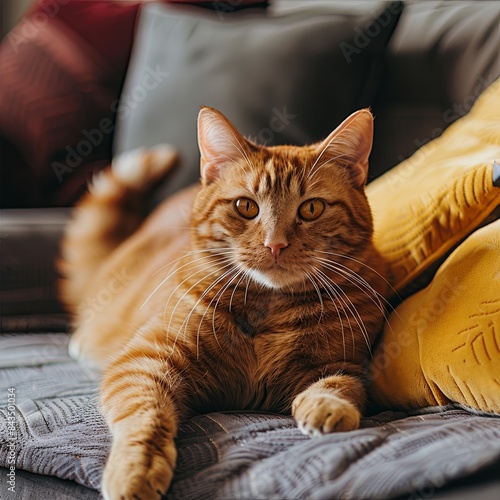 Cute red cat lying on pillows in living room © Анатолій Алаликін