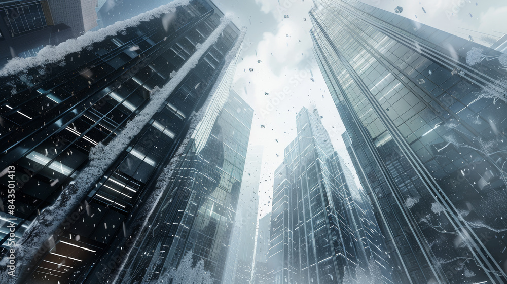 A sunlit cityscape with tall, modern buildings wrapped in winter's blanket of snow, evoking calm and advanced urban design. A sunlit cityscape with tall, modern buildings wrapped in winter's blanket of snow, evoking calm and advanced urban design.